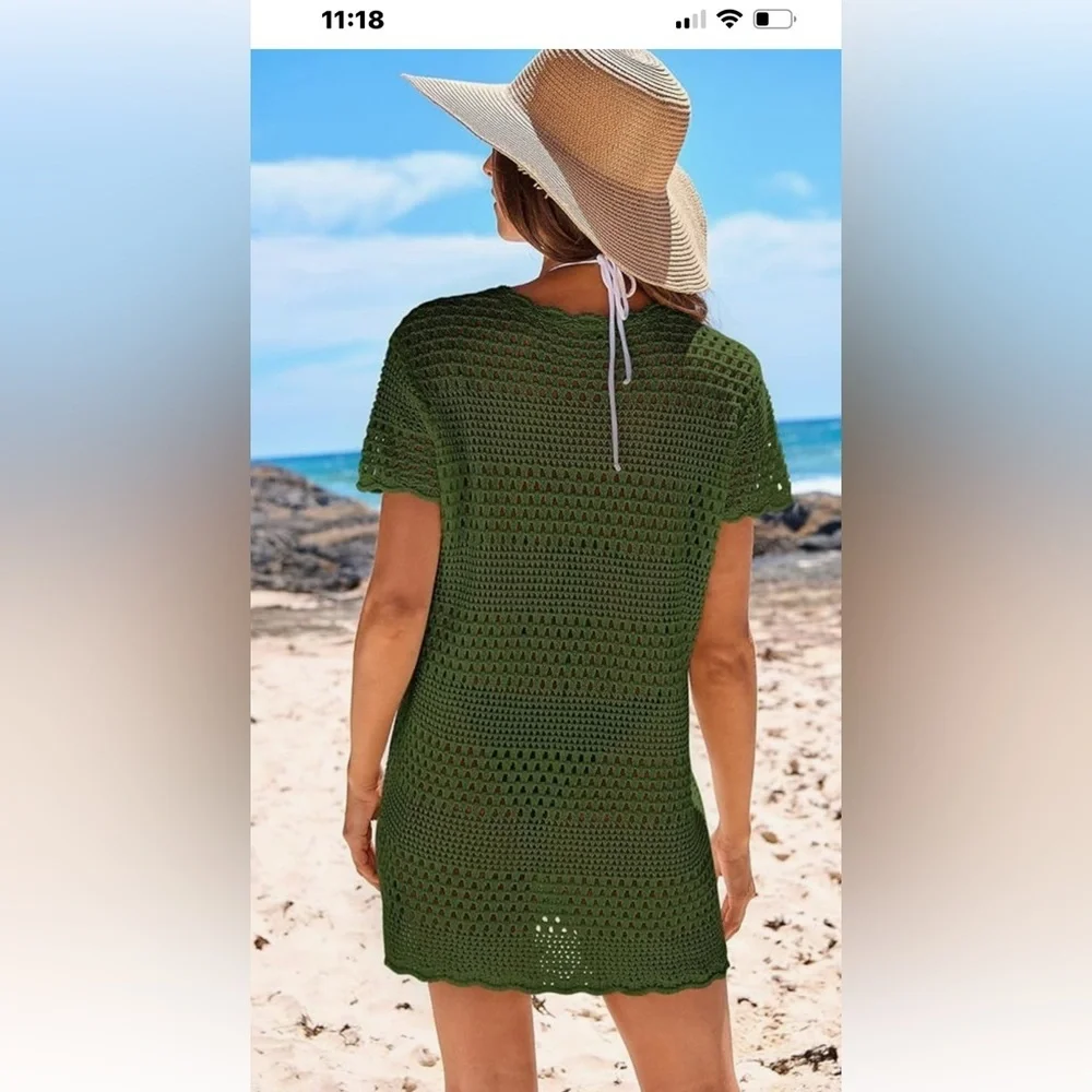 Green Crochet Knit Beach Coverup